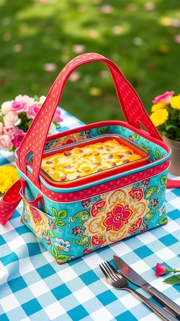 A colorful 9x13 casserole carrier with handles, holding a casserole dish, displayed on a picnic table.